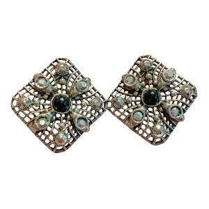 Vintage Pierced Earrings Silver & Black Beads